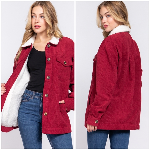 Cozy Burgundy Long Trucker Corduroy Sherpa Lined Jacket - Picture 4 of 4